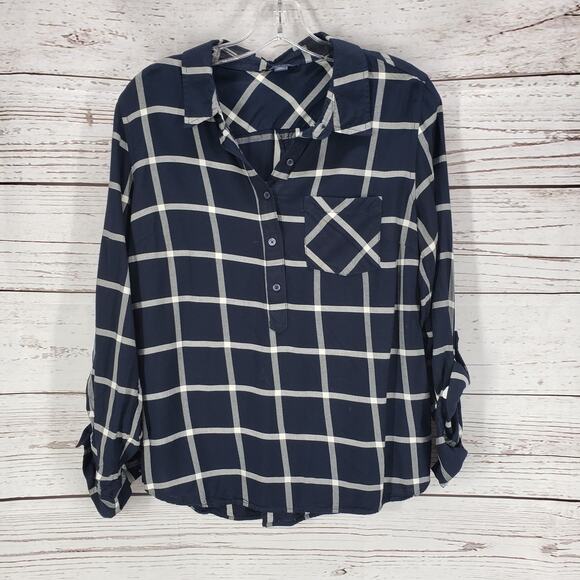 Tommy Hilfiger Women's Black Windowpane Button Up Sleeve Top Size L - Picture 1 of 12